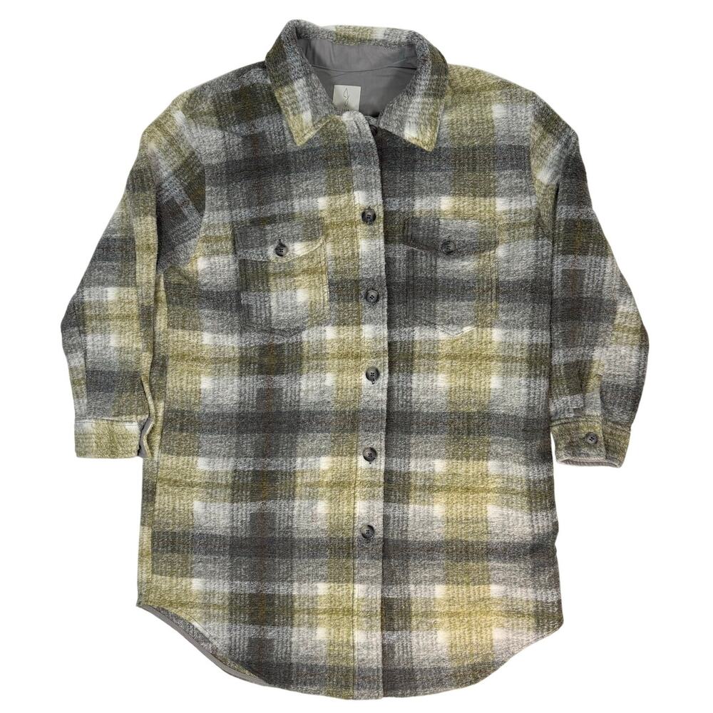Joie Women’s XL Plaid Shacket Longline Gray Yellow Button Front Overshirt